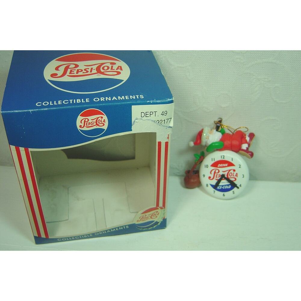 VINTAGE PEPSI COLA ORNAMENT-SANTA SITTING ATOP PEPSI CLOCK DRINKING PEPSI-1997
